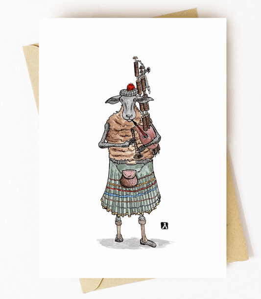 BellavanceInk: Greeting Card With Scottish Highland Sheep Playing the Bagpipes Pen & Ink Watercolor Illustration 5 x 7 Inches - BellavanceInk