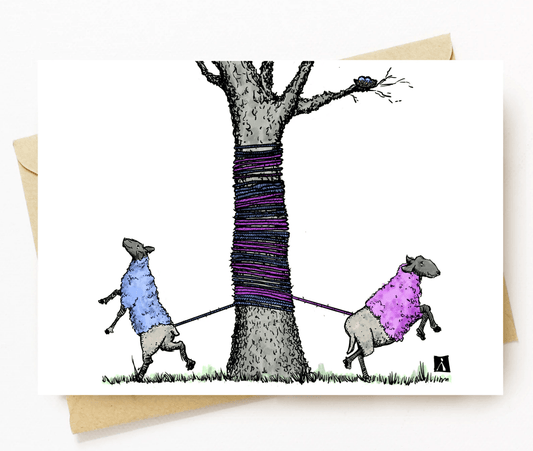 BellavanceInk: Greeting Card With A Watercolor Pen & Ink Drawing Of Sheep Making A Tree Yarn Bomb 5 x 7 Inches - BellavanceInk
