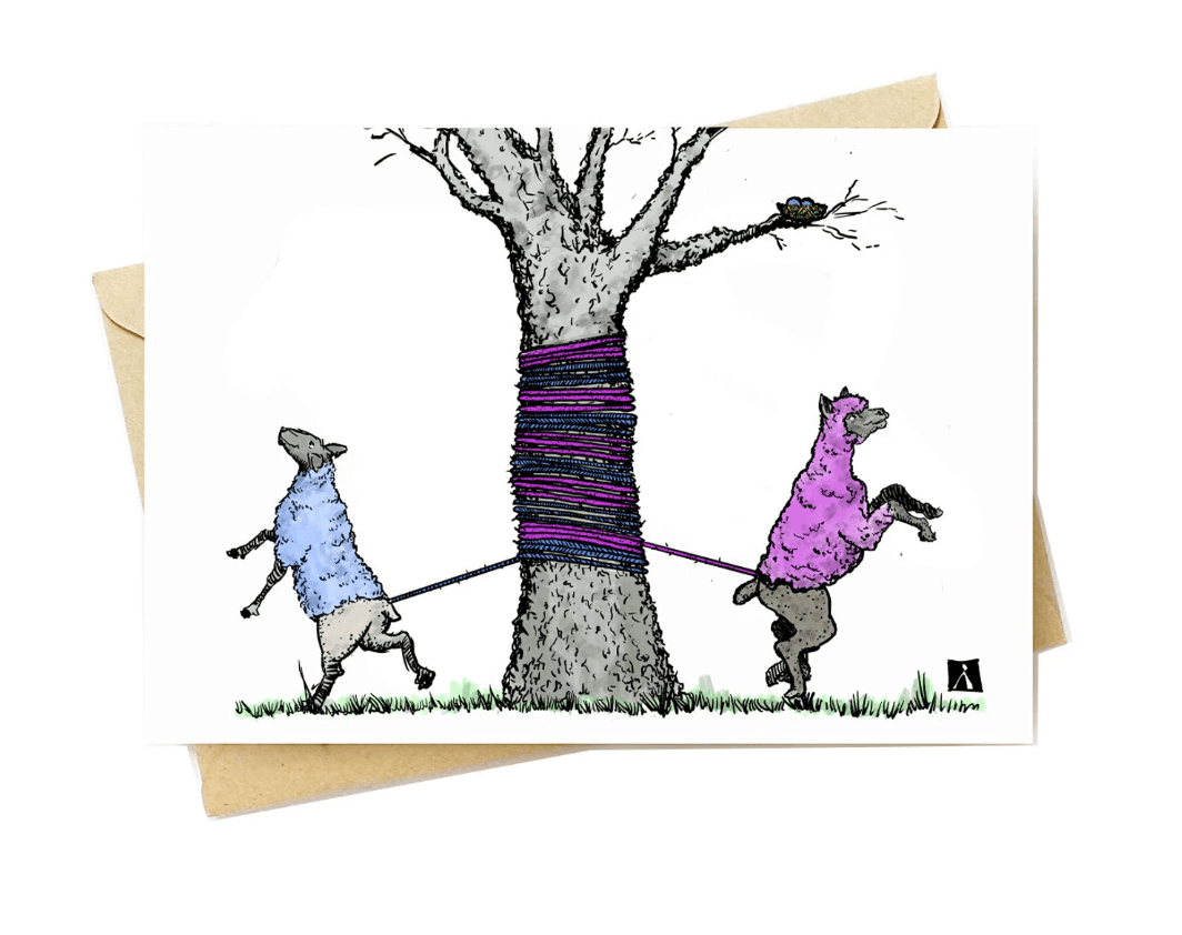 BellavanceInk: Greeting Card With A Watercolor Pen & Ink Drawing Of A Sheep And Alpaca Making A Tree Yarn Bomb 5 x 7 Inches - BellavanceInk