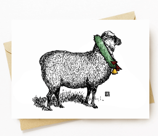 BellavanceInk: Christmas Card With A Proud Christmas Sheep With Holiday Wreath Pen & Ink Watercolor Illustration 5 x 7 Inches - BellavanceInk
