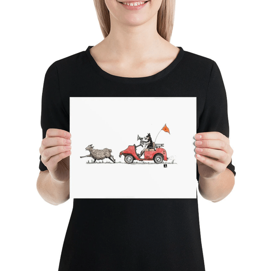 BellavanceInk: Pen & Ink/Watercolor Sheep Being Chased By Sheep Dog On A Golf Cart - BellavanceInk