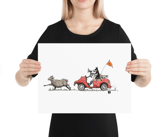 BellavanceInk: Pen & Ink/Watercolor Sheep Being Chased By Sheep Dog On A Golf Cart - BellavanceInk
