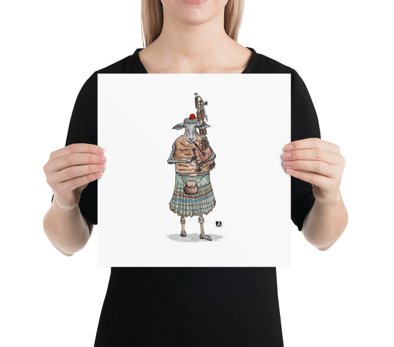 BellavanceInk: Pen & Ink/Watercolor Scottish Highlander Sheep Playing The Bag Pipes Print - BellavanceInk