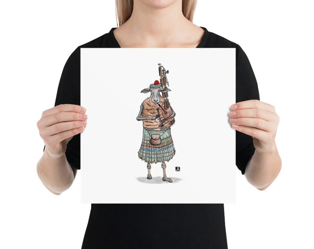 BellavanceInk: Pen & Ink/Watercolor Scottish Highlander Sheep Playing The Bag Pipes Print - BellavanceInk