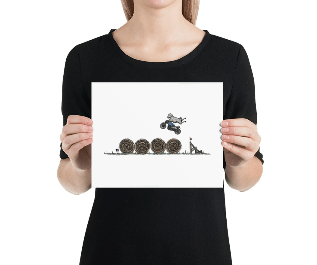 BellavanceInk: Pen & Ink/Watercolor With Stunt Sheep Jumping Hay Bales On Their Cafe Racer Motorcycle Print - BellavanceInk