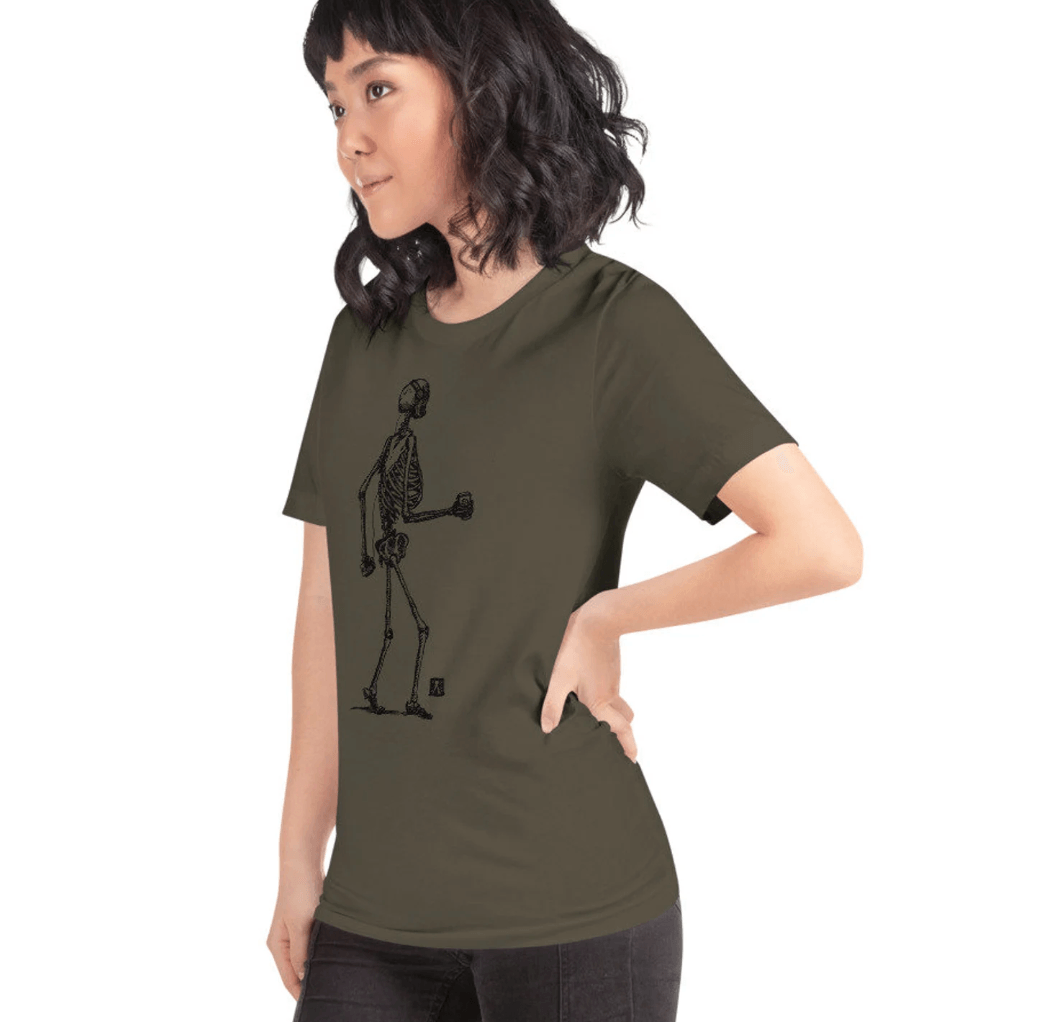 BellavanceInk: T-Shirt With Skeleton Strolling Down The Street Grooving To Some Tunes While Drinking Its Coffee - BellavanceInk