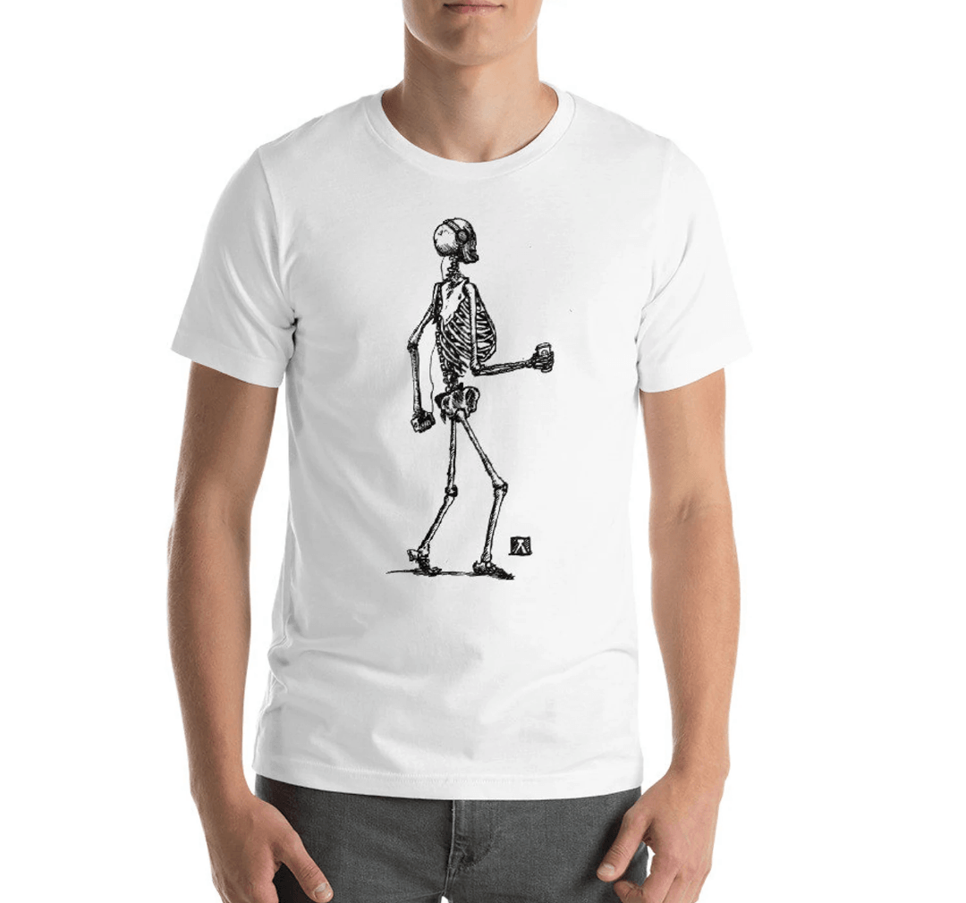 BellavanceInk: T-Shirt With Skeleton Strolling Down The Street Grooving To Some Tunes While Drinking Its Coffee - BellavanceInk