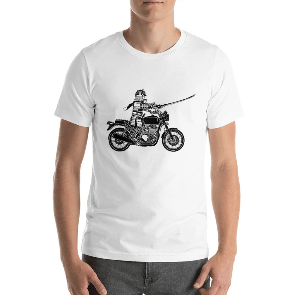 BellavanceInk: Samurai Warrior Riding a Vintage Motorcycle Short Sleeve T-Shirt - BellavanceInk