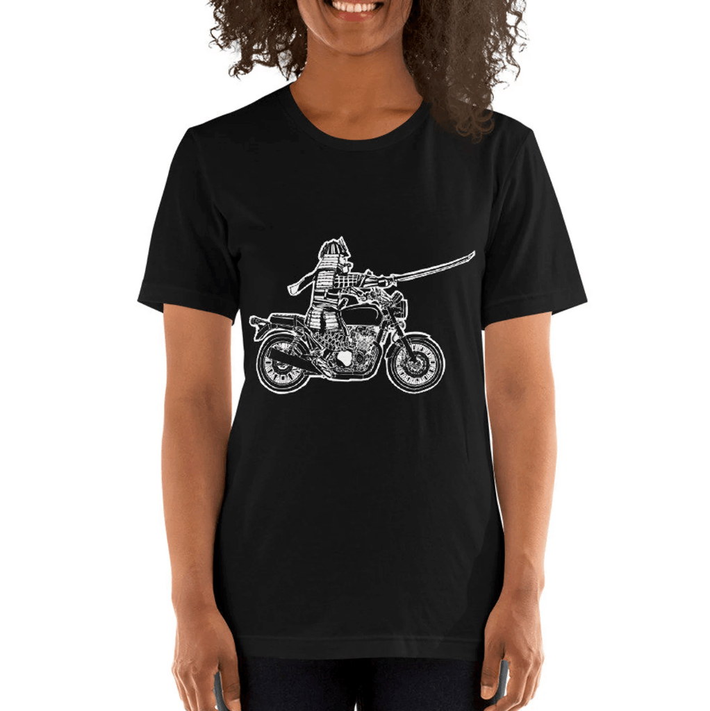 BellavanceInk: Samurai Warrior Riding a Vintage Motorcycle Short Sleeve T-Shirt - BellavanceInk