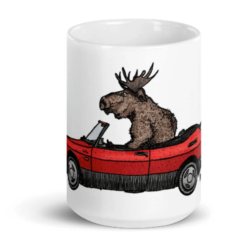 BellavanceInk: Limited Release Coffee Mug With A Hand Drawn Pen & Ink Watercolor of a Moose Driving A Vintage Saab 900S - BellavanceInk