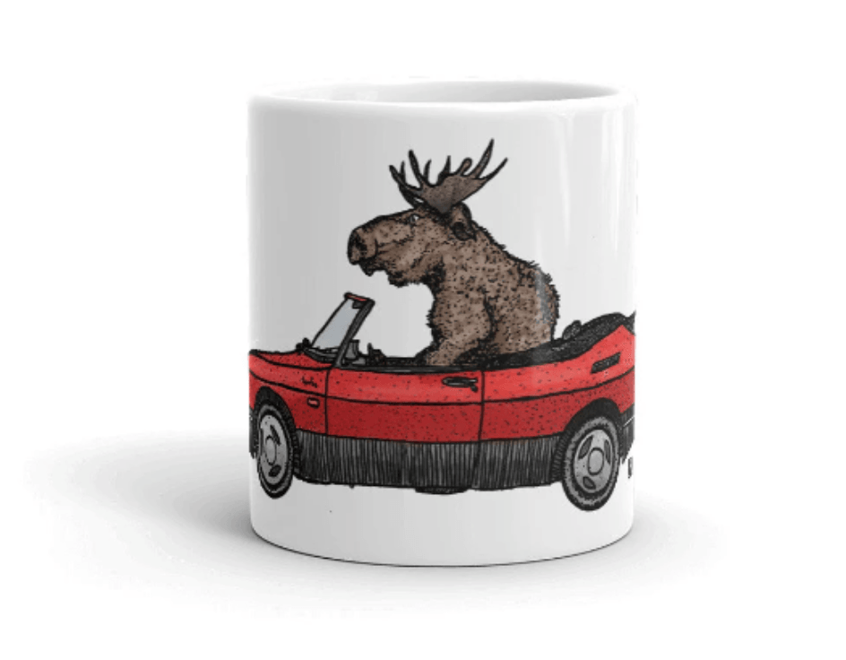 BellavanceInk: Limited Release Coffee Mug With A Hand Drawn Pen & Ink Watercolor of a Moose Driving A Vintage Saab 900S - BellavanceInk
