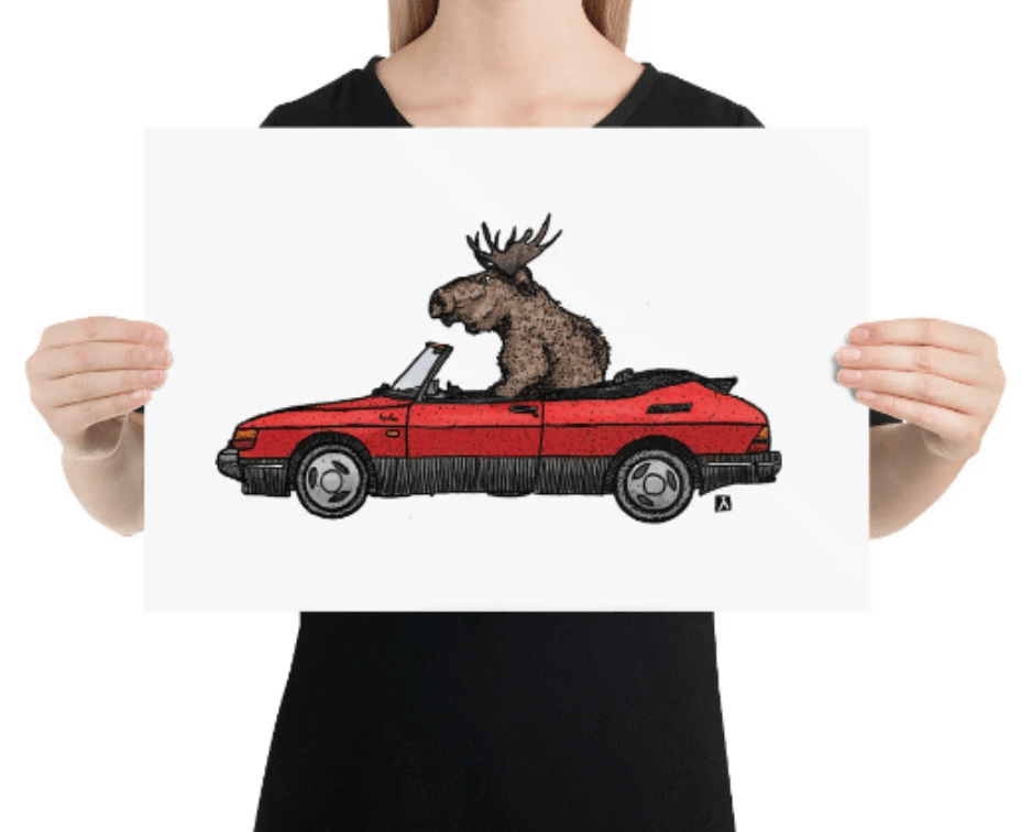 BellavanceInk: Limited Print Pen & Ink/Watercolor Sketch of a Moose Driving A Vintage Saab 900S Swedish Sedan Inactive - BellavanceInk