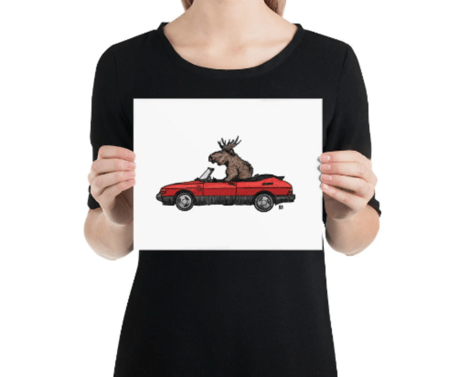 BellavanceInk: Limited Print Pen & Ink/Watercolor Sketch of a Moose Driving A Vintage Saab 900S Swedish Sedan Inactive - BellavanceInk