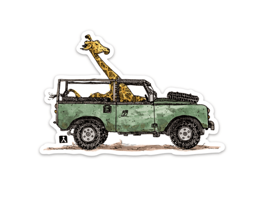 BellavanceInk: Giraffe On Safari In Their Land Rover Vinyl Sticker Pen and Ink Illustration - BellavanceInk