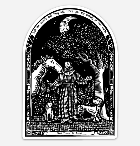 BellavanceInk: Saint Francis Of Assisi Patron Saint of Pets Wood Cut Style Illustration On A Vinyl Sticker