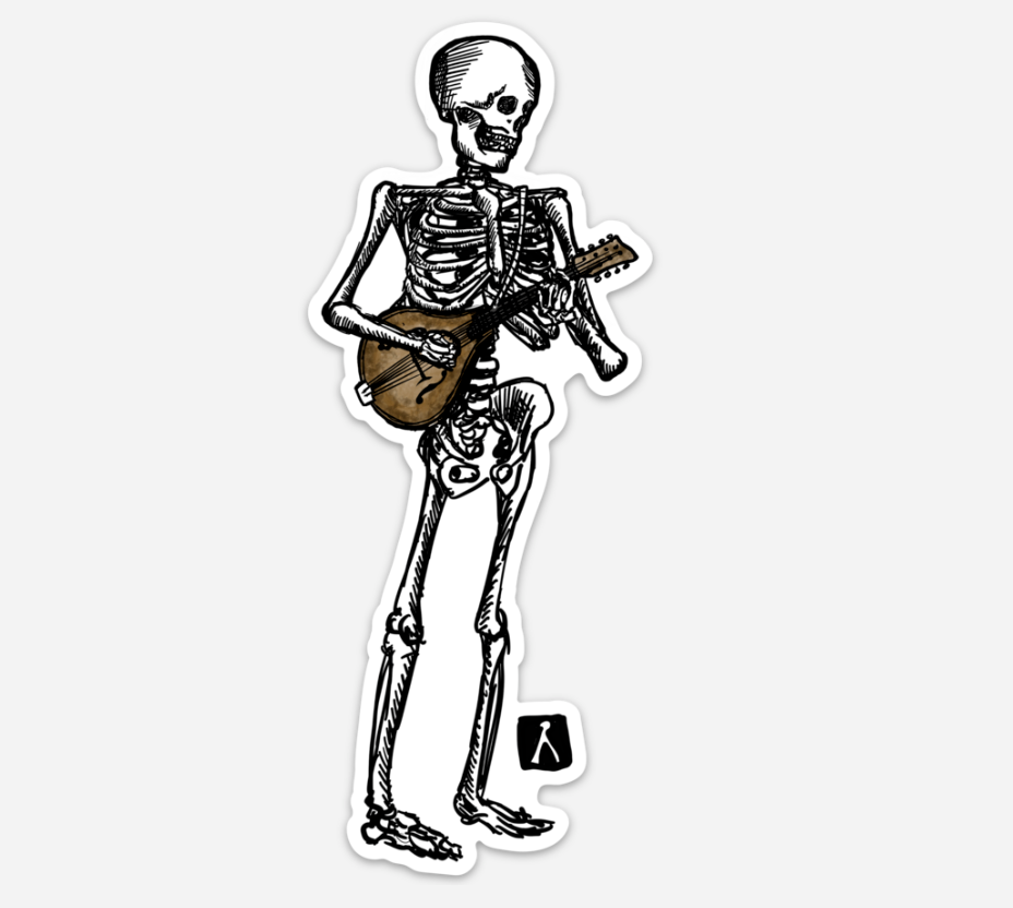 BellavanceInk: Pen And Ink Skeleton Playing The Mandolin Hand Drawn Illustration
