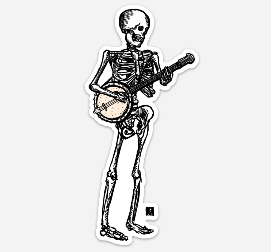 BellavanceInk: Pen And Ink Skeleton Playing The Banjo Hand Drawn Illustration
