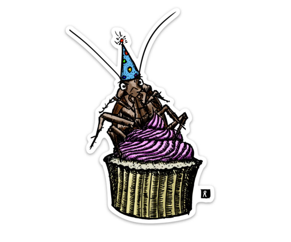 BellavanceInk: Cockroach Happily Crawling Over A Birthday Cupcake Vinyl Sticker Pen and Ink Illustration