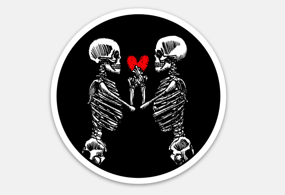 BellavanceInk: Two Skeletons Embracing With Love Vinyl Sticker Hand Drawn Illustration