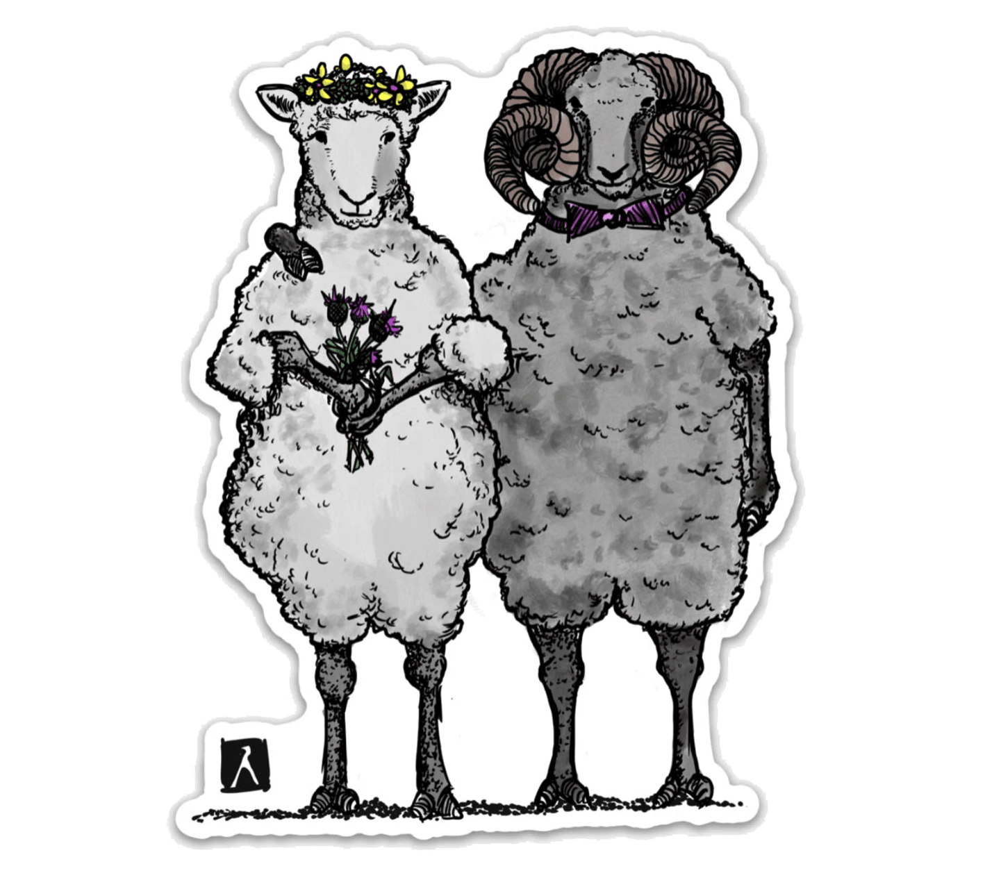 BellavanceInk: Two Sheep Getting Married Pen And Ink Illustration On A Vinyl Sticker - BellavanceInk