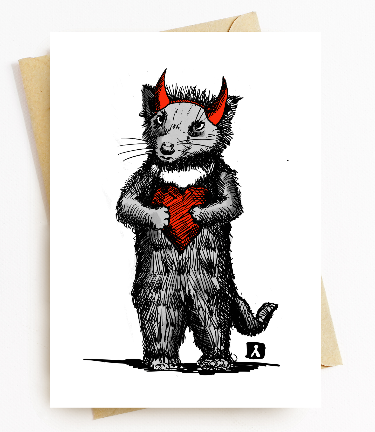 BellavanceInk: Hand Drawn Valentines Day Cards Tasmanian Devil With Heart And Devil Horns Pen & Ink Watercolor Illustration 5 x 7 Inches