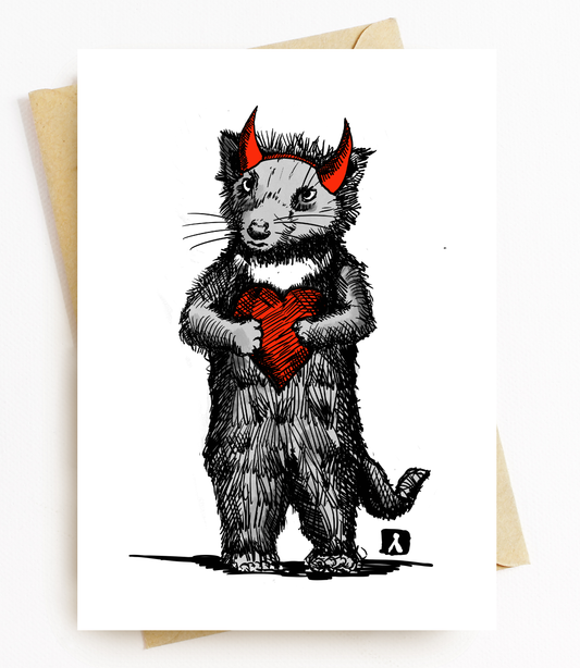BellavanceInk: Hand Drawn Valentines Day Cards Tasmanian Devil With Heart And Devil Horns Pen & Ink Watercolor Illustration 5 x 7 Inches