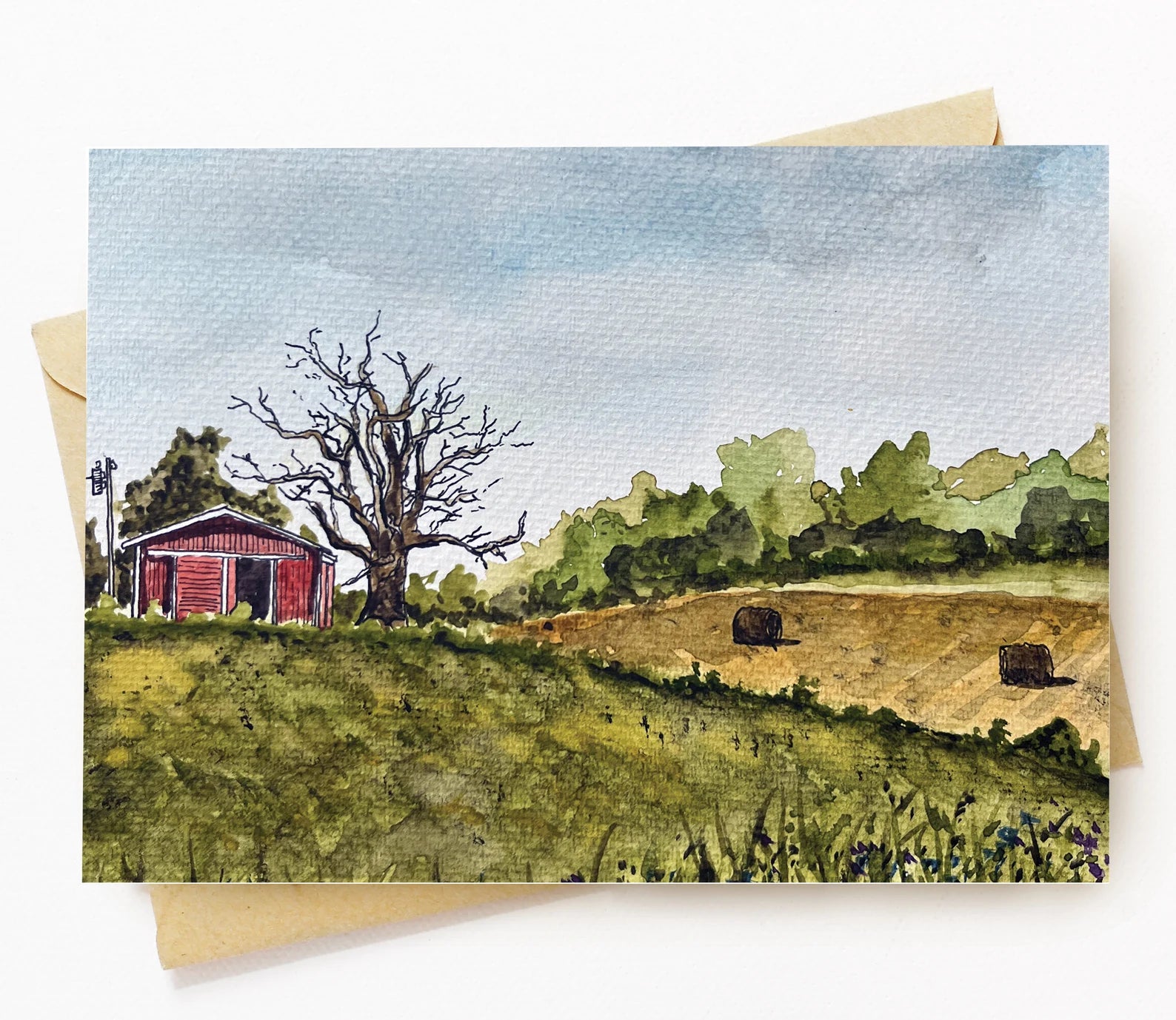 BellavanceInk: Greeting Card With Watercolor Of Farming Field In Crozet Virginia With The Blue Ridge Mountains 5 x 7 Inches - BellavanceInk