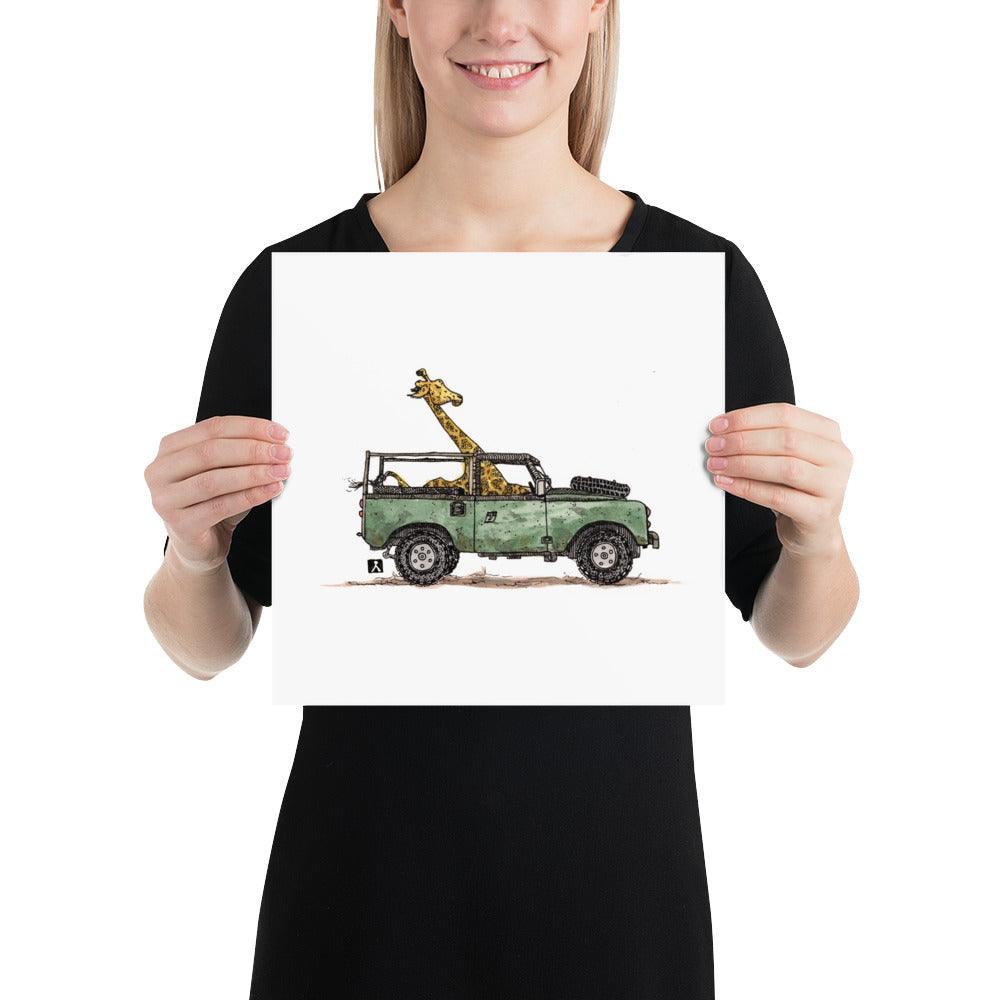 BellavanceInk: Pen & Ink/Watercolor OF A Giraffe On Safari In Their Land Rover With Limited Print - BellavanceInk