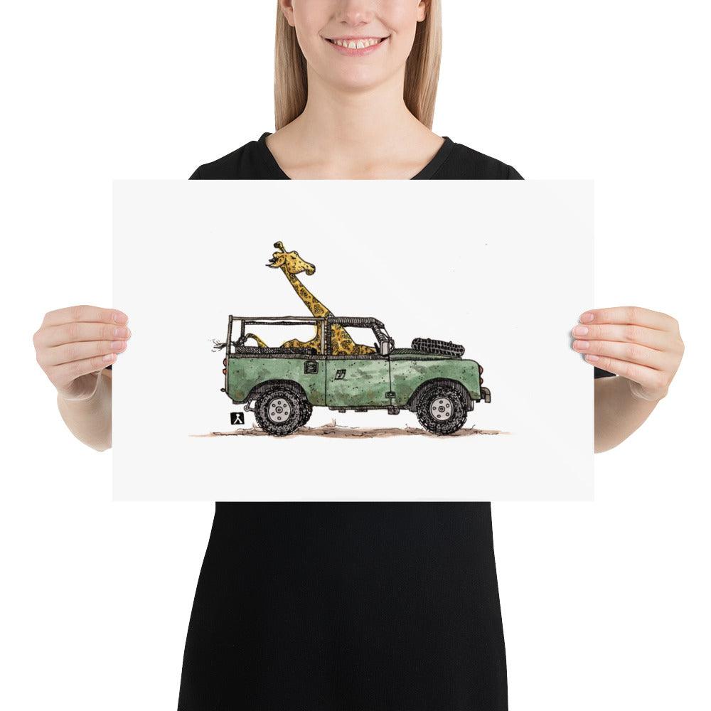 BellavanceInk: Pen & Ink/Watercolor OF A Giraffe On Safari In Their Land Rover With Limited Print - BellavanceInk