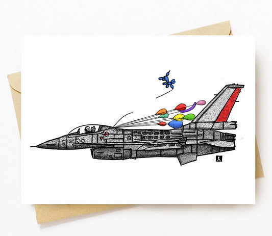 BellavanceInk: Birthday Card With F16 Fighting Falcon Jet And Birthday Balloons Pen & Ink Watercolor Illustration 5 x 7 Inches - BellavanceInk