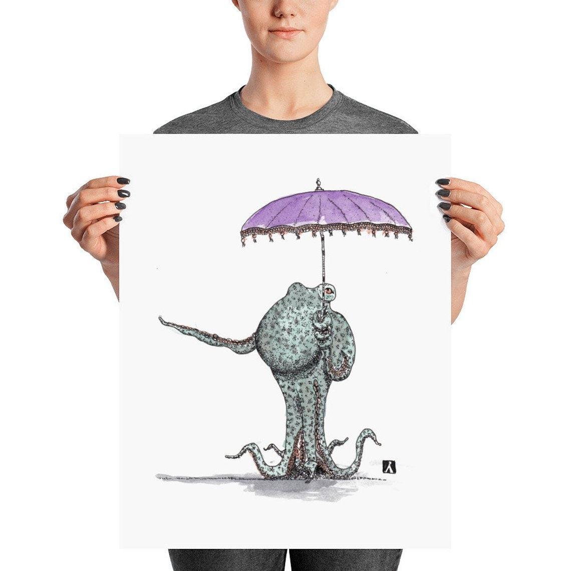 BellavanceInk: Pen & Ink Drawing of Octopus Holding a Umbrella Parasol - BellavanceInk