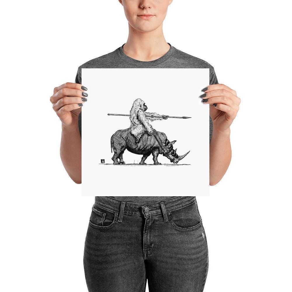 BellavanceInk: Pen & Ink Drawing of Gorilla Riding a War Rhino Print - BellavanceInk