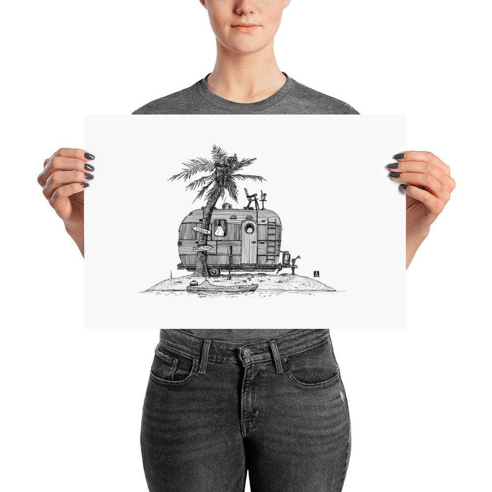 BellavanceInk: Pen & Ink Print of a Vacation Trailer on a Deserted Island - BellavanceInk