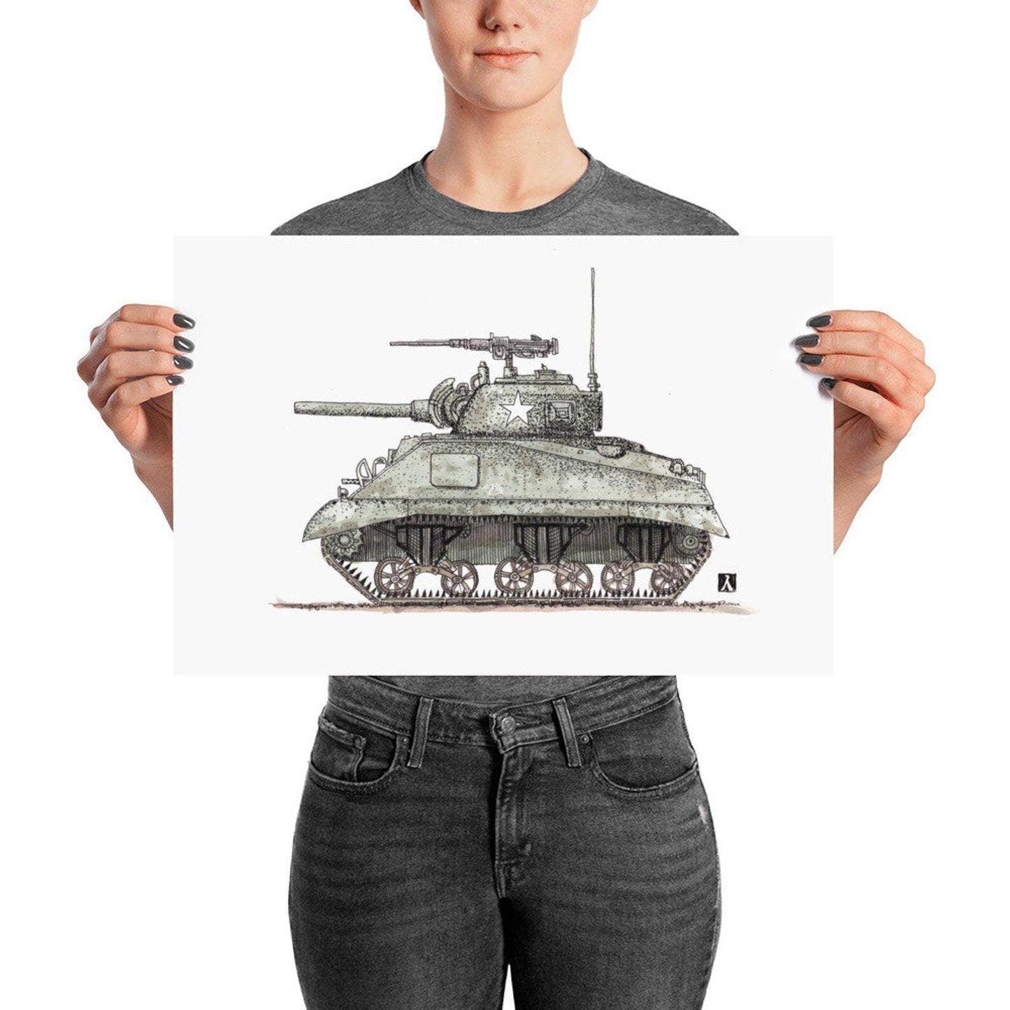 BellavanceInk: Pen & Ink Drawing With Water Color of World War Two Sherman Tank (Limited Prints Also Available) - BellavanceInk