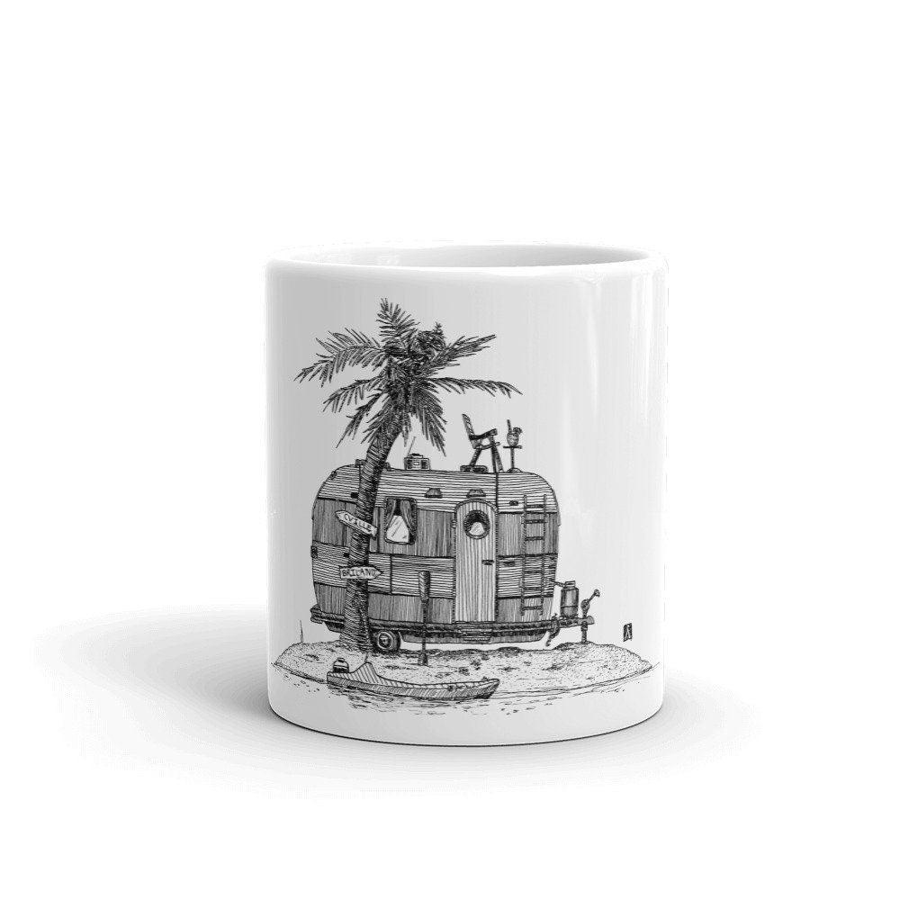 BellavanceInk: Coffee Mug With Vintage Trailer On Deserted Vacation Island Pen & Ink Sketch - BellavanceInk