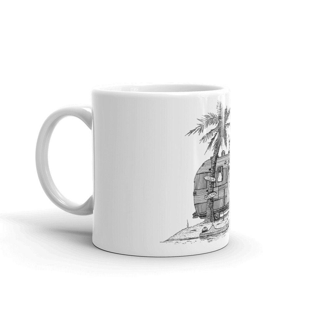 BellavanceInk: Coffee Mug With Vintage Trailer On Deserted Vacation Island Pen & Ink Sketch - BellavanceInk