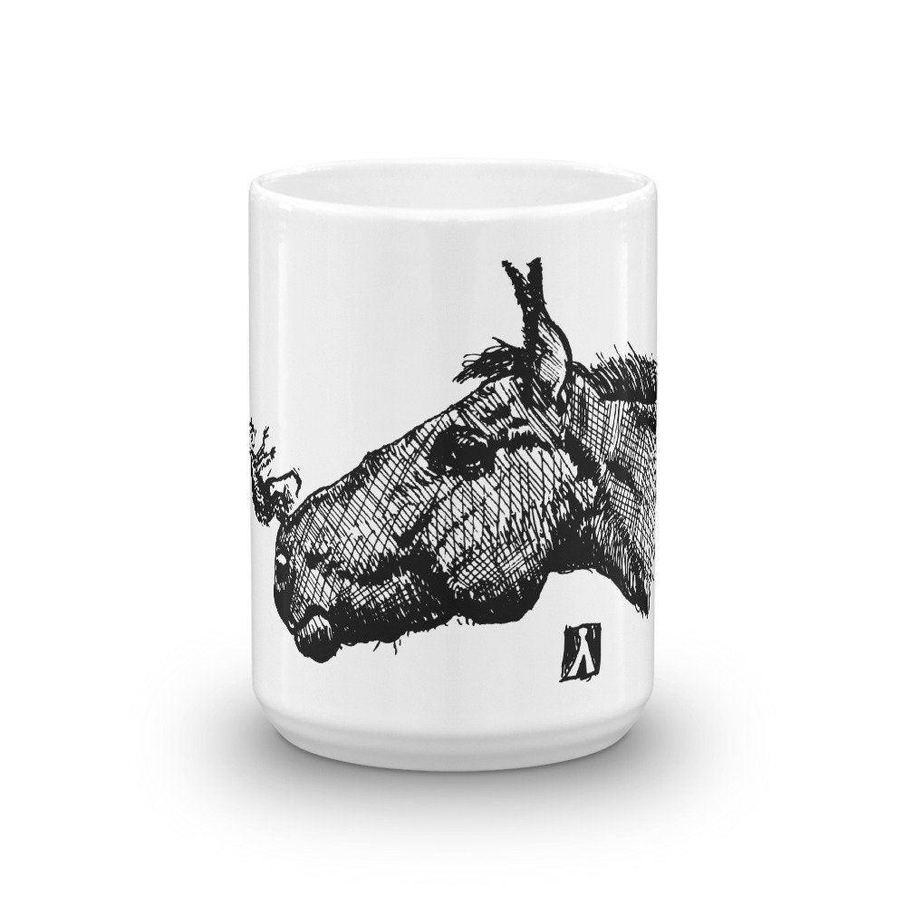 BellavanceInk: Coffee Mug With Mouse Jumping Off Of A Horses Nose Pen & Ink Sketch - BellavanceInk