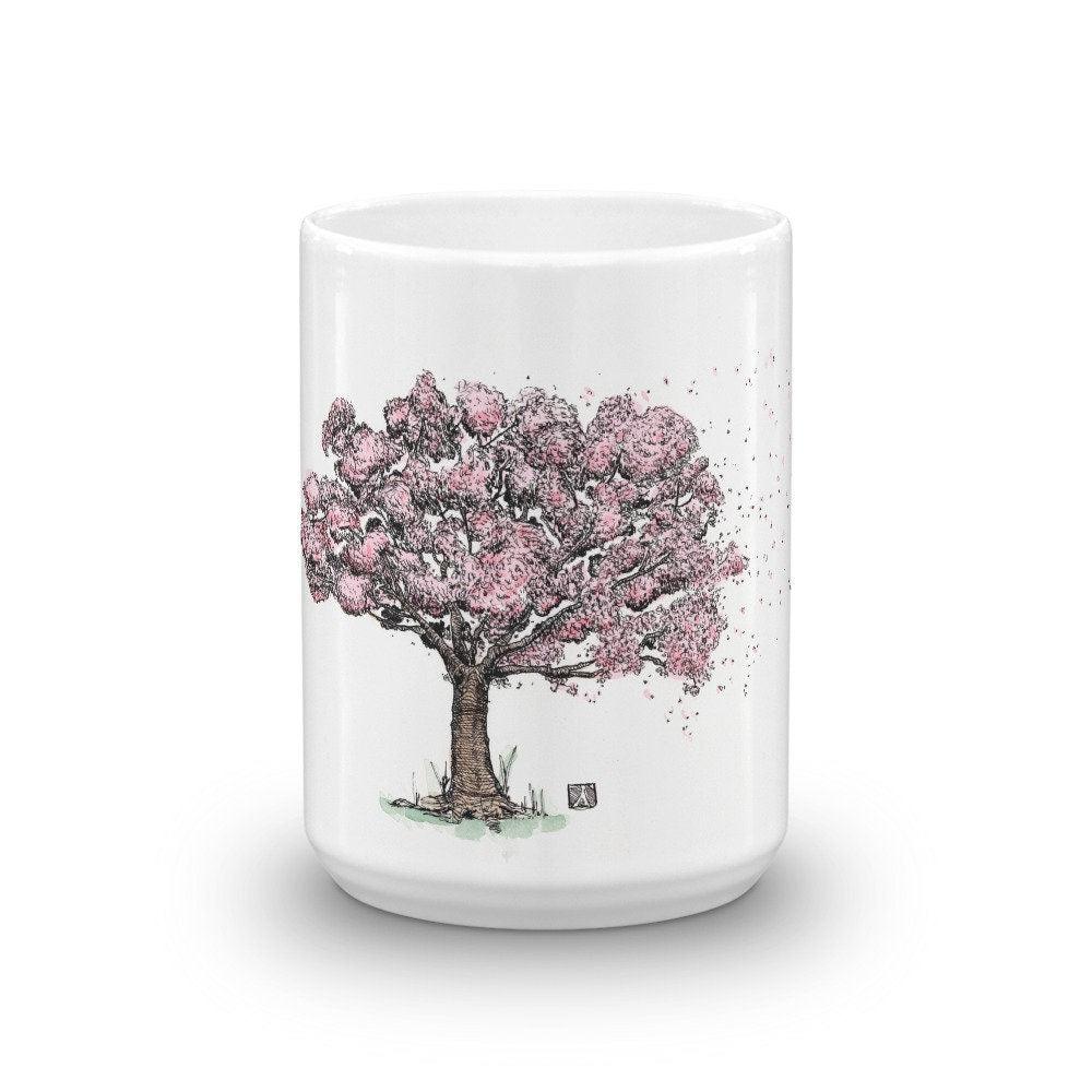 BellavanceInk: Coffee Mug With A Cherry Blossom Tree Being Blown In The Wind Pen & Ink Sketch With Watercolor - BellavanceInk