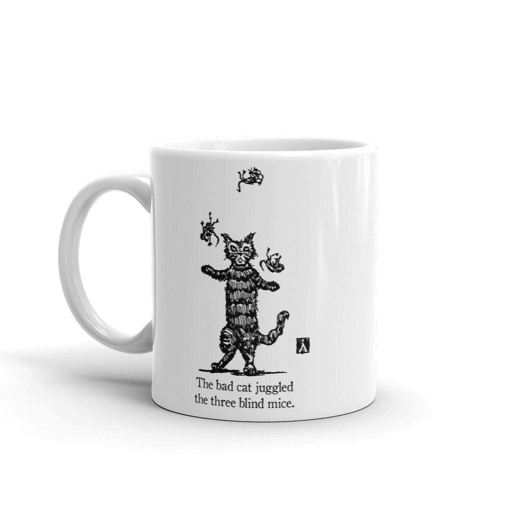 BellavanceInk: Coffee Mug With The Bad Cat Juggling Three Blind Mice Pen & Ink Sketch - BellavanceInk