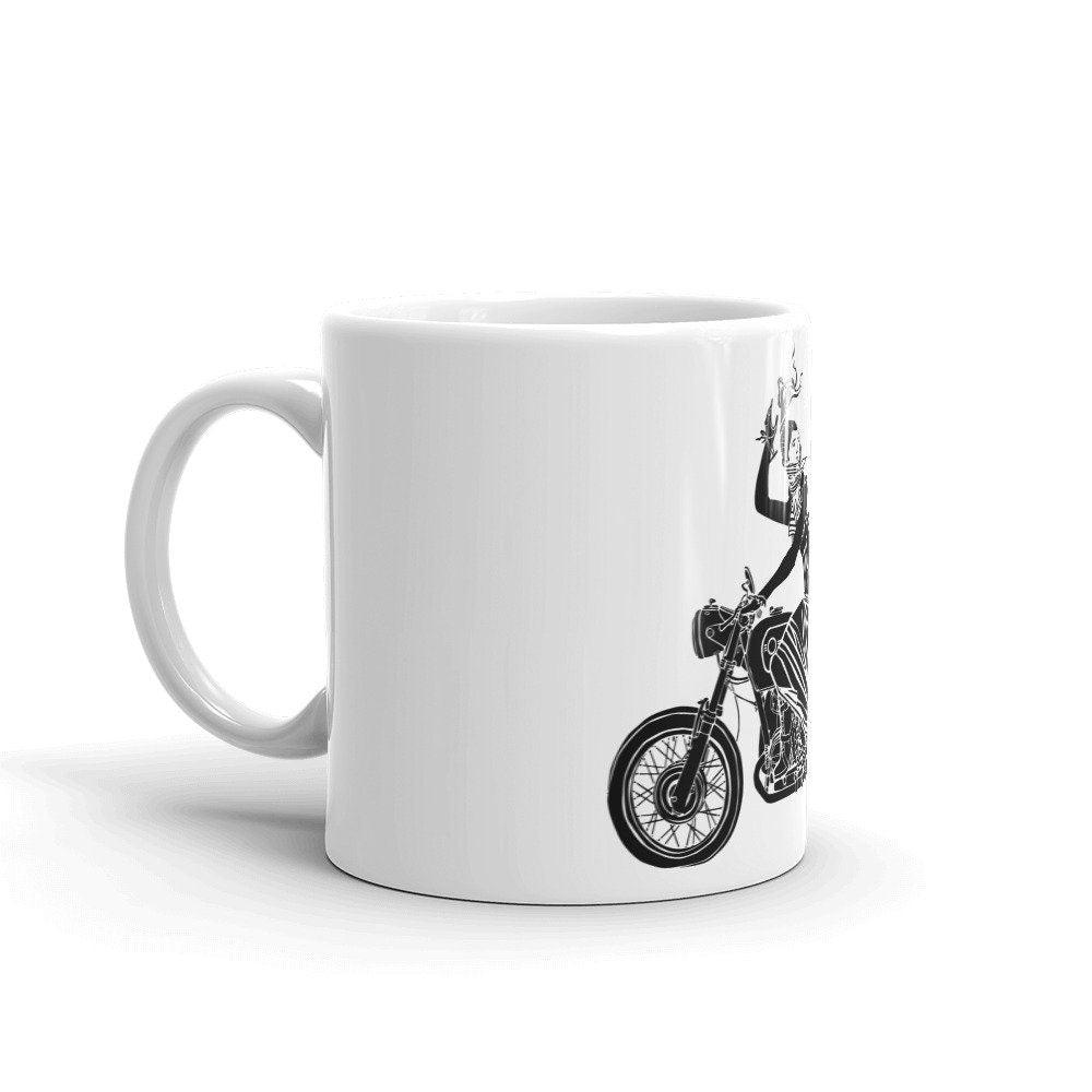 BellavanceInk: Coffee Mug With Victorian Lady Riding a Cafe Racer Motorcycle And Losing Her Helmet - BellavanceInk