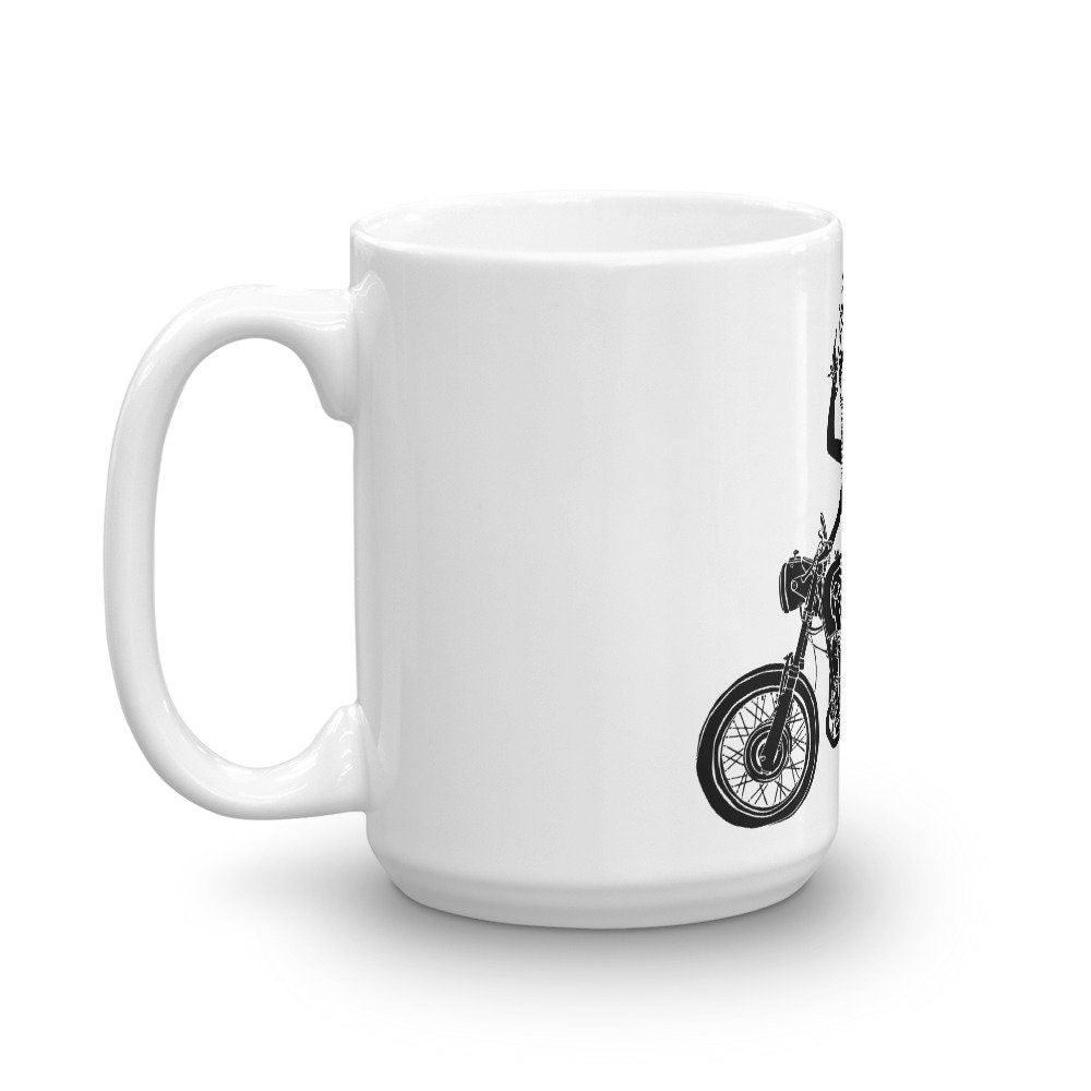 BellavanceInk: Coffee Mug With Victorian Lady Riding a Cafe Racer Motorcycle And Losing Her Helmet - BellavanceInk