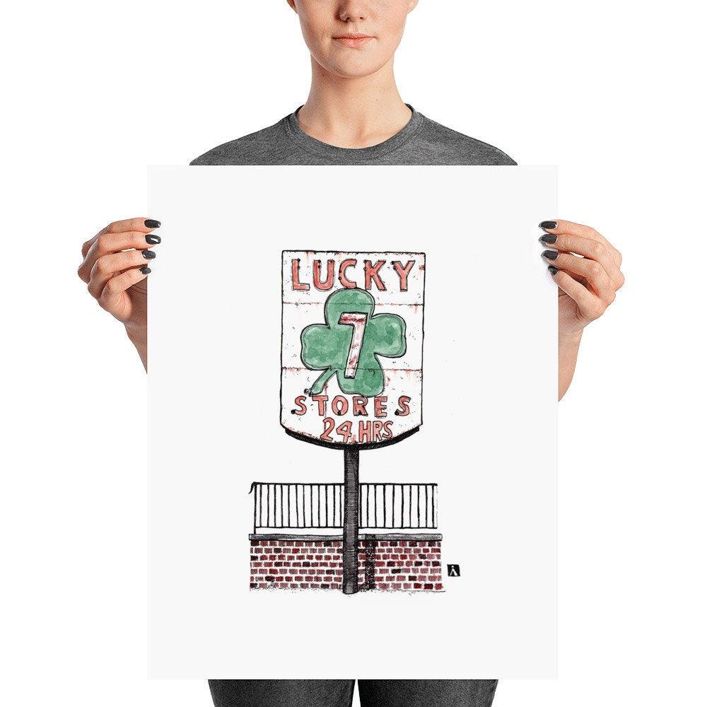 BellavanceInk: Pen & Ink Drawing With Water Color of Charlottesville's Lucky 7 Stores Neon Sign Print - BellavanceInk