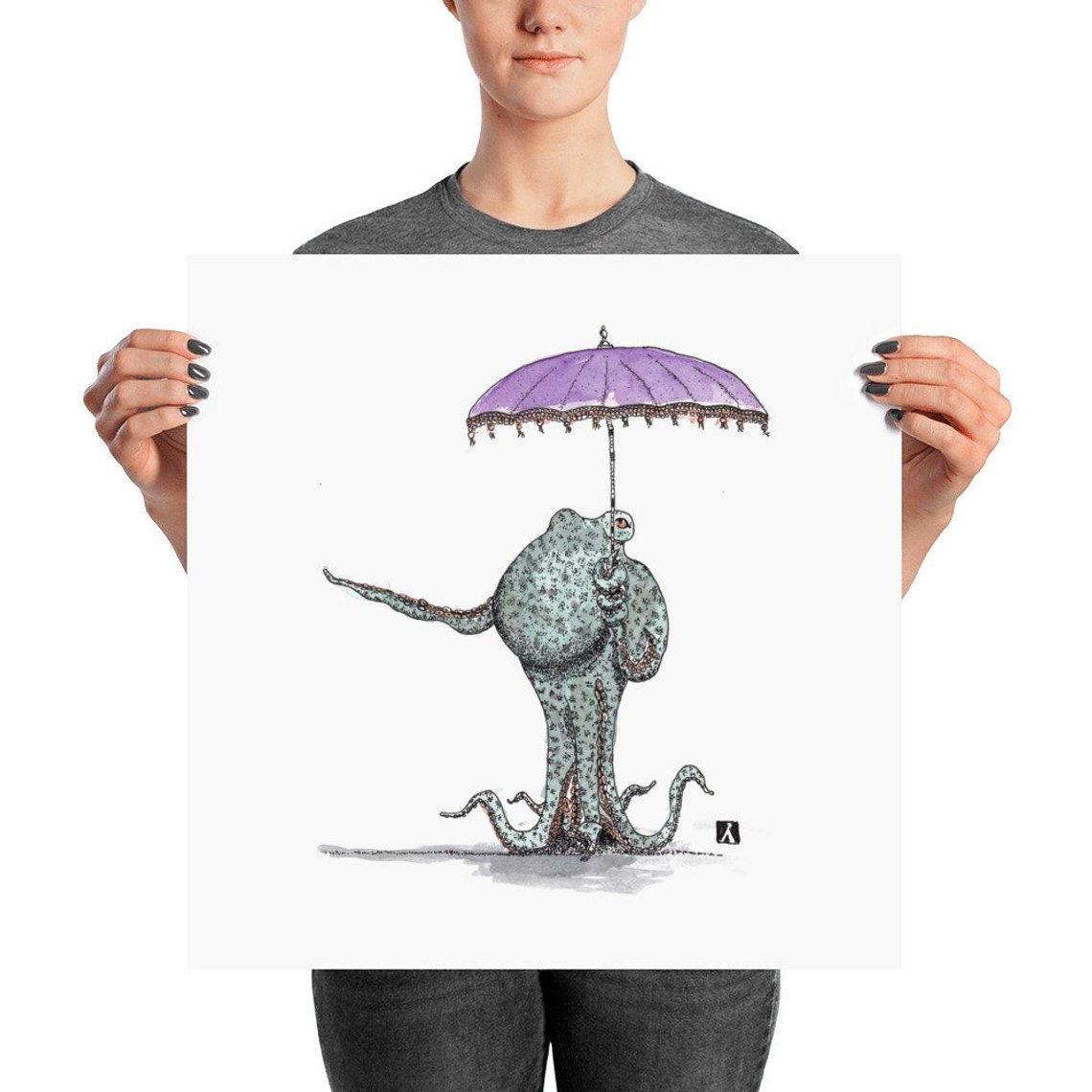 monsters in parasol BellavanceInk: Pen & Ink Drawing of Octopus Holding a Umbrella Parasol