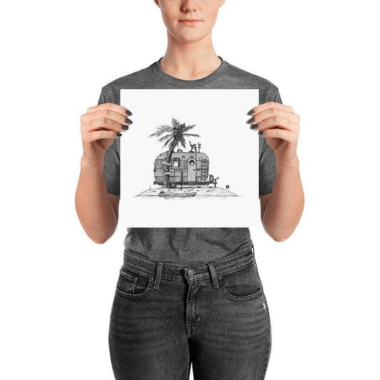 BellavanceInk: Pen & Ink Print of a Vacation Trailer on a Deserted Island - BellavanceInk