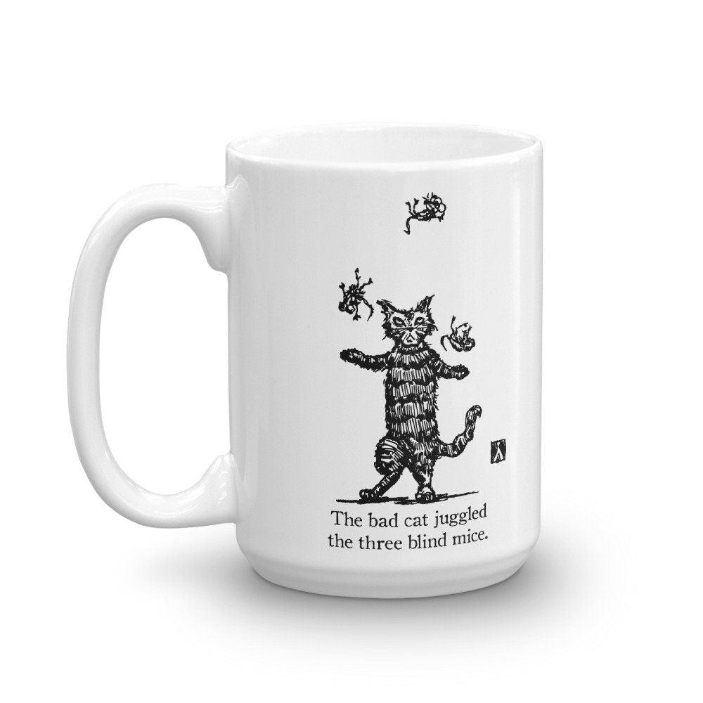 BellavanceInk: Coffee Mug With The Bad Cat Juggling Three Blind Mice Pen & Ink Sketch - BellavanceInk