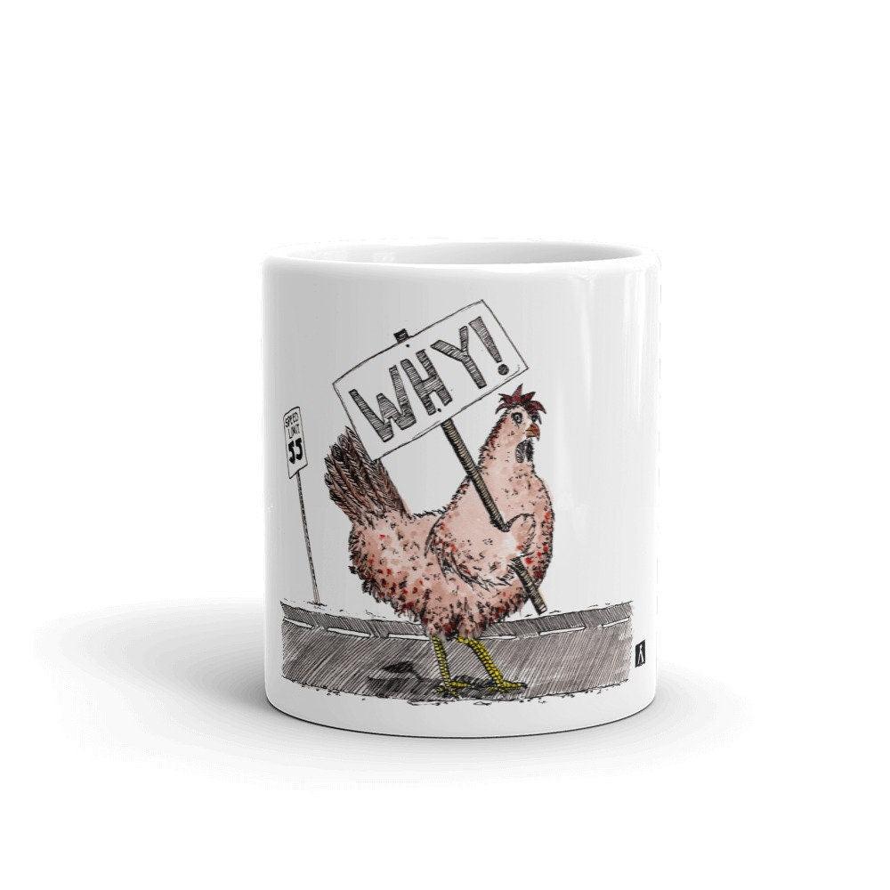 BellavanceInk: Coffee Mug With Protesting Chicken Crossing The Road Pen & Ink Sketch With Watercolor Design - BellavanceInk