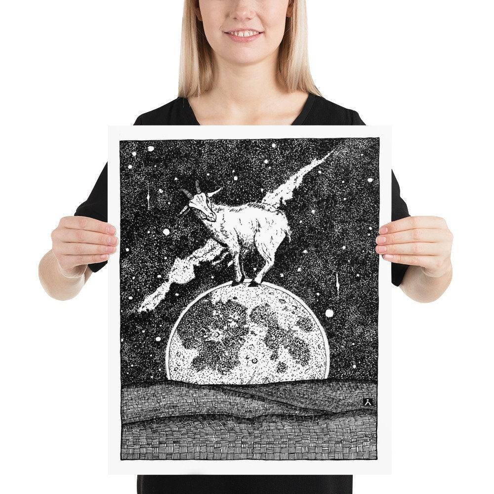 BellavanceInk: Pen & Ink Drawing of Cosmic Goat On The Moon At Mid-Night - BellavanceInk