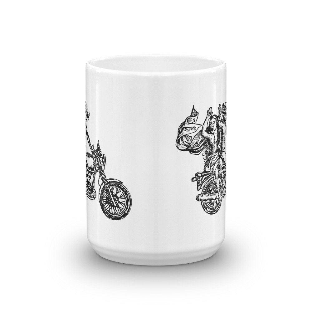 BellavanceInk: Coffee Mug With The Devil and Lady Riding a Motorcycle Pen & Ink Sketch - BellavanceInk