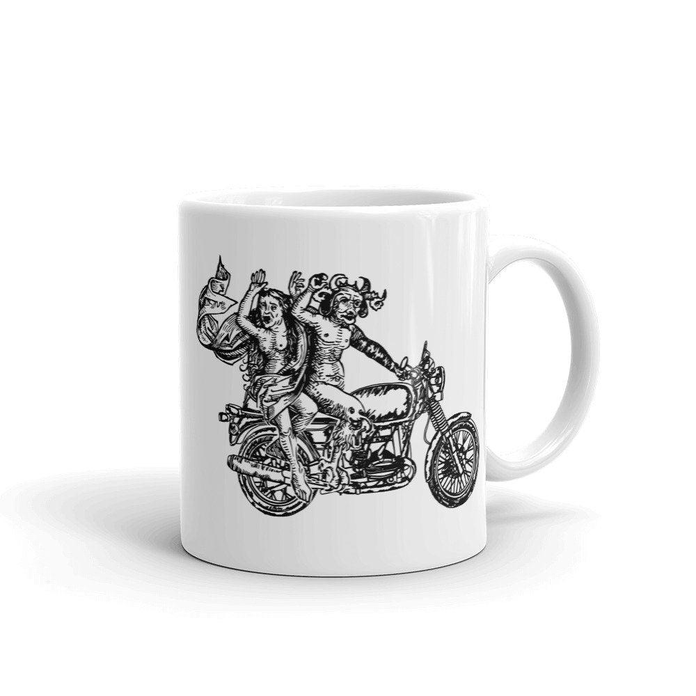 BellavanceInk: Coffee Mug With The Devil and Lady Riding a Motorcycle Pen & Ink Sketch - BellavanceInk