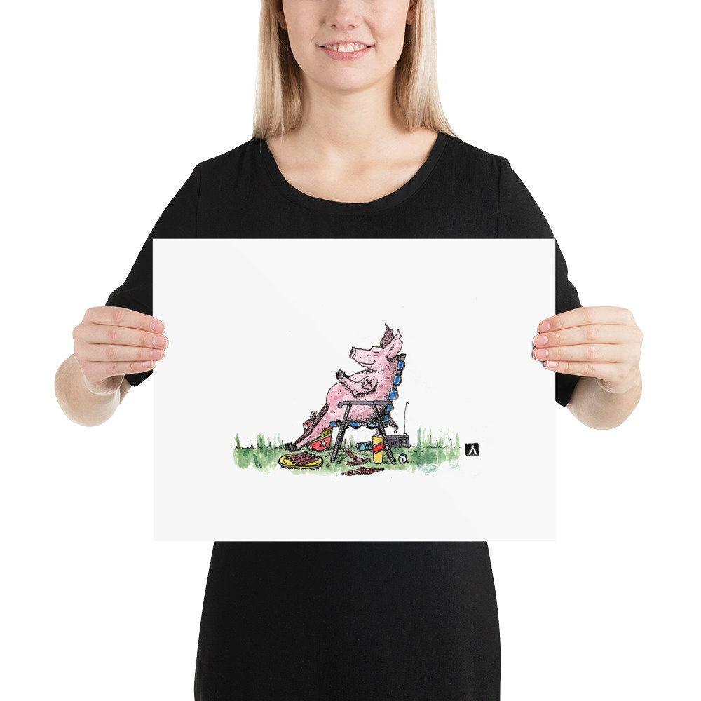 BellavanceInk: Pen & Ink Watercolor of Stuffed Pig Napping After His Picnic Print - BellavanceInk